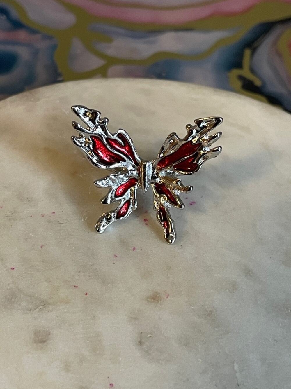 Butterfly-Shape Red Enamel Silver Tone ring - Women Jewelry adjustable